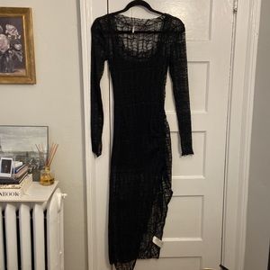 Free People Black Sheer Lace Dress with Side Slit